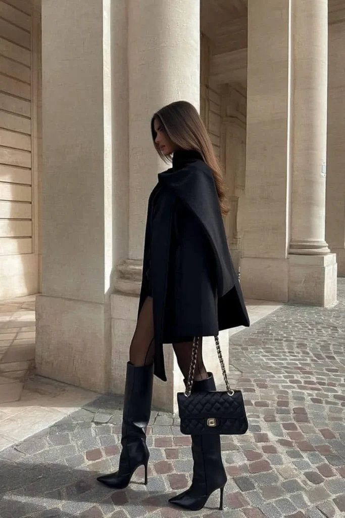 Trendy fall outfits, oversized black wool coat layered over black turtleneck mini dress, styled with sheer tights, black boots, and bag for chic autumn style inspiration