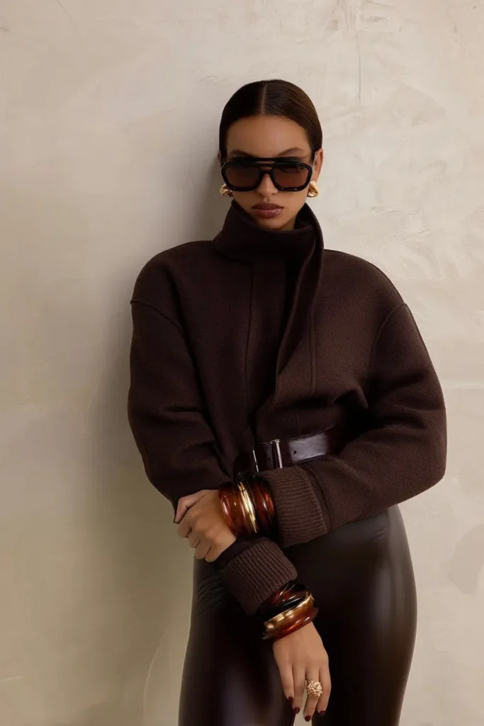 Trendy stylish winter outfits brown coat with matching turtleneck base layer and leather trousers. Designer sunglasses, minimalist luxury for winter.