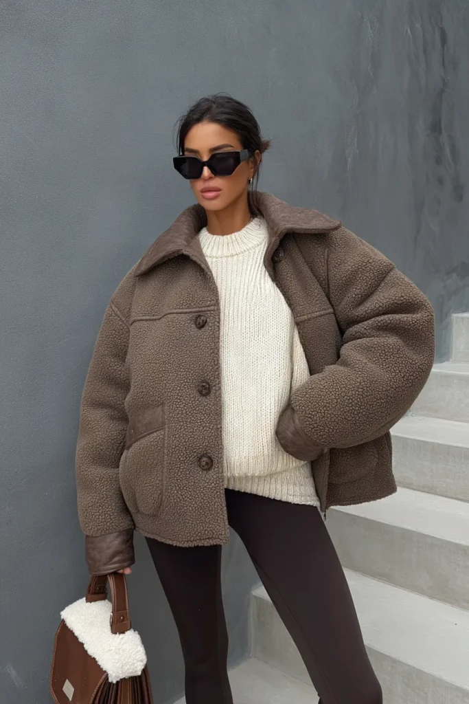 Trendy winter coat outfits featuring taupe brown oversized teddy jacket with cream knit sweater and brown leggings. Styled with a bag and oversized sunglasses, casual street style look
