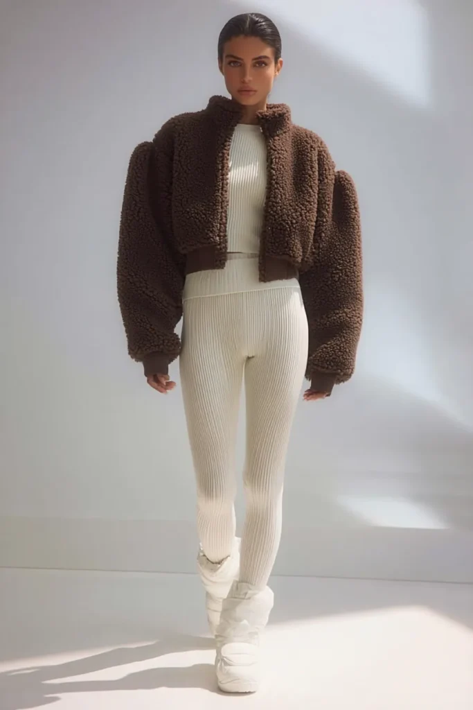 Trendy winter fashion outfits casual,  brown teddy cropped jacket styled over off-white ribbed sweater and  leggings. Plush cream boots add relaxed finishing touch to this laid-back look.