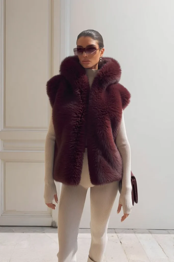 Trendy winter fashion outfits casual, deep burgundy hooded fur vest with luxurious texture with ribbed knitwear set. Sunglasses complete this relaxed yet polished cold weather aesthetic.
