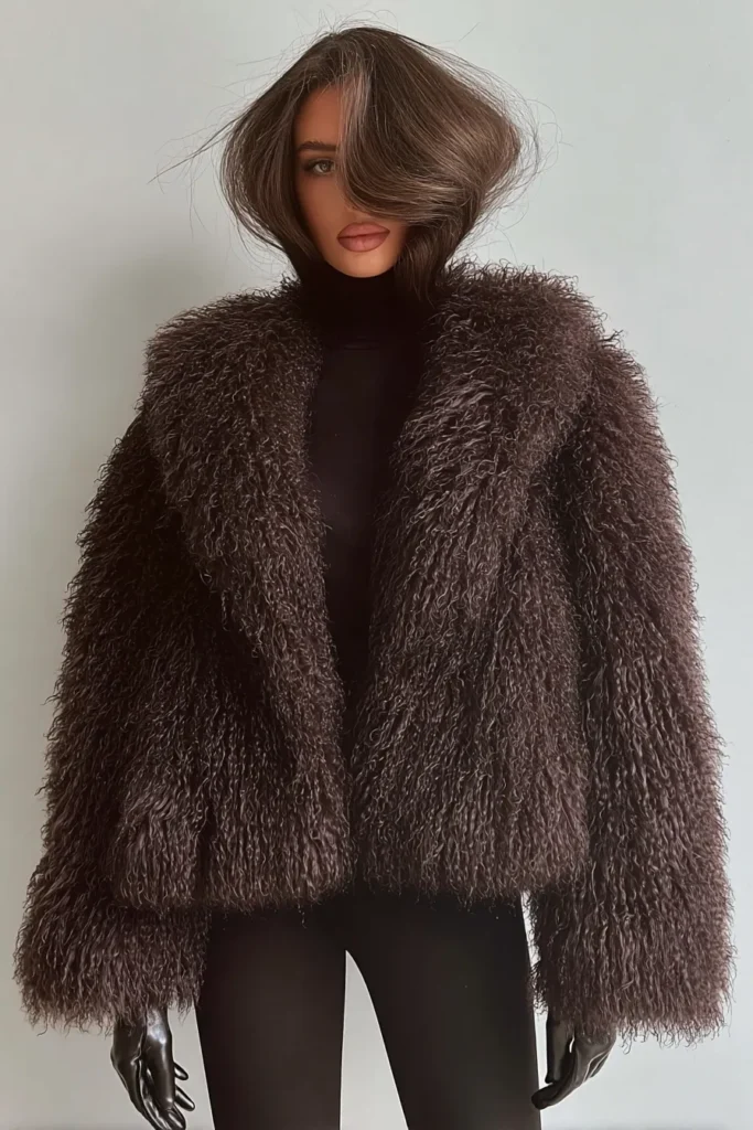Trendy winter outfits cold season, chocolate brown textured teddy coat layered over black ribbed turtleneck and trouser, cozy and fashionable during the coldest winter days
