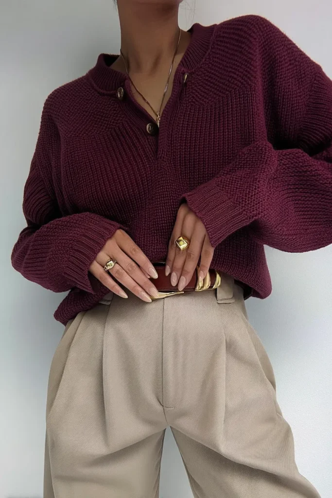Trendy winter outfits women, rich burgundy ribbed sweater styled with tan pleated pants and statement gold rings, warm tones for sophisticated seasonal dressing