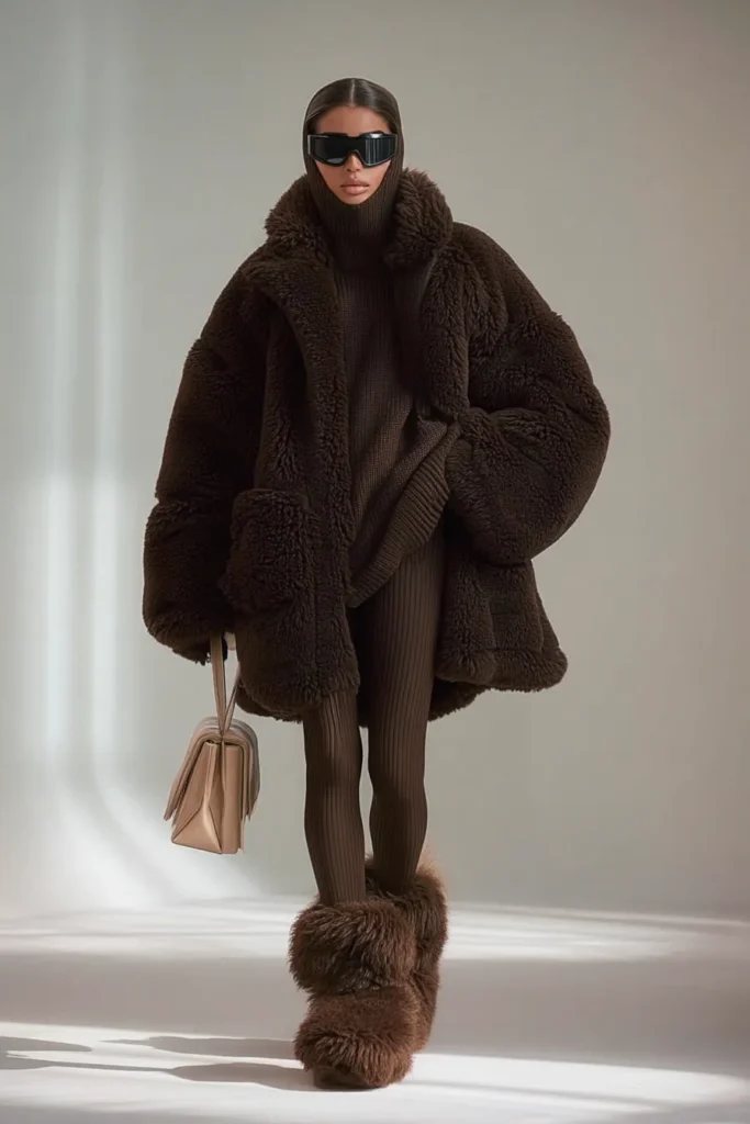 Ultra-cozy warm winter outfits, brown teddy coat with texture styled with ribbed turtleneck sweater and knit pants. Brown boots and sunglasses, luxurious monochromatic outfit for extreme cold.
