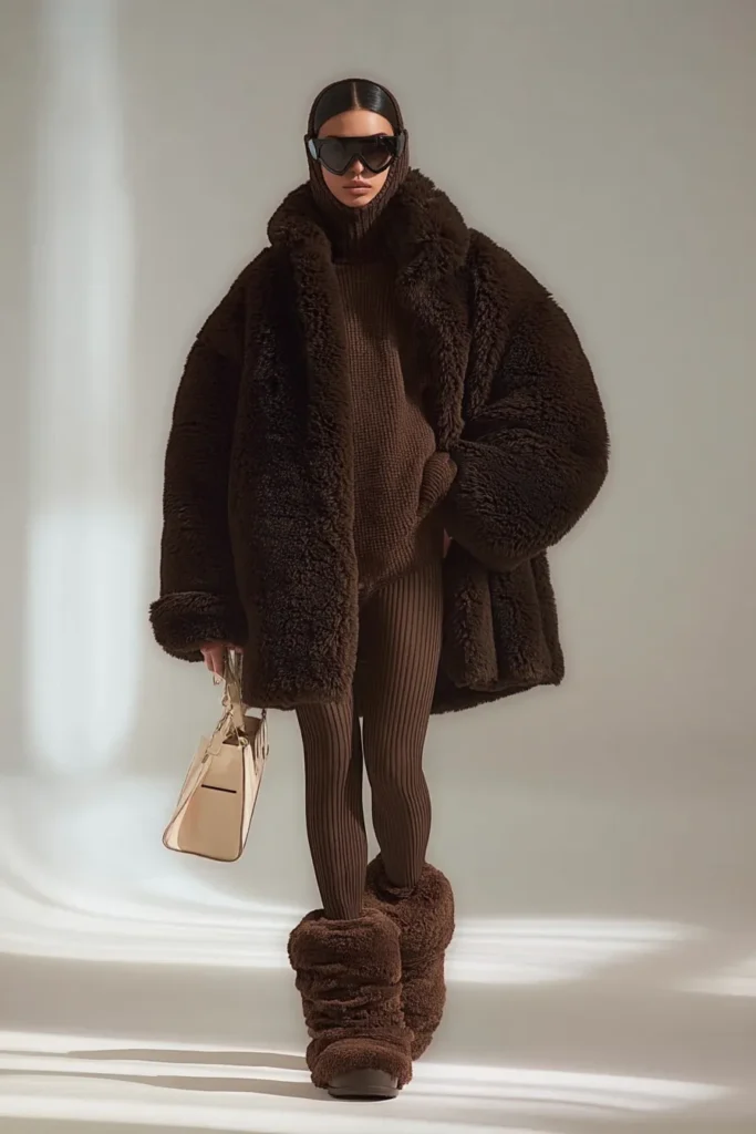 Warm winter outfits, rich brown faux fur jacket with oversized fit styled over ribbed knit turtleneck and pants with matching boots. Handbag adds elegant touch to this ultra-warm layered look.