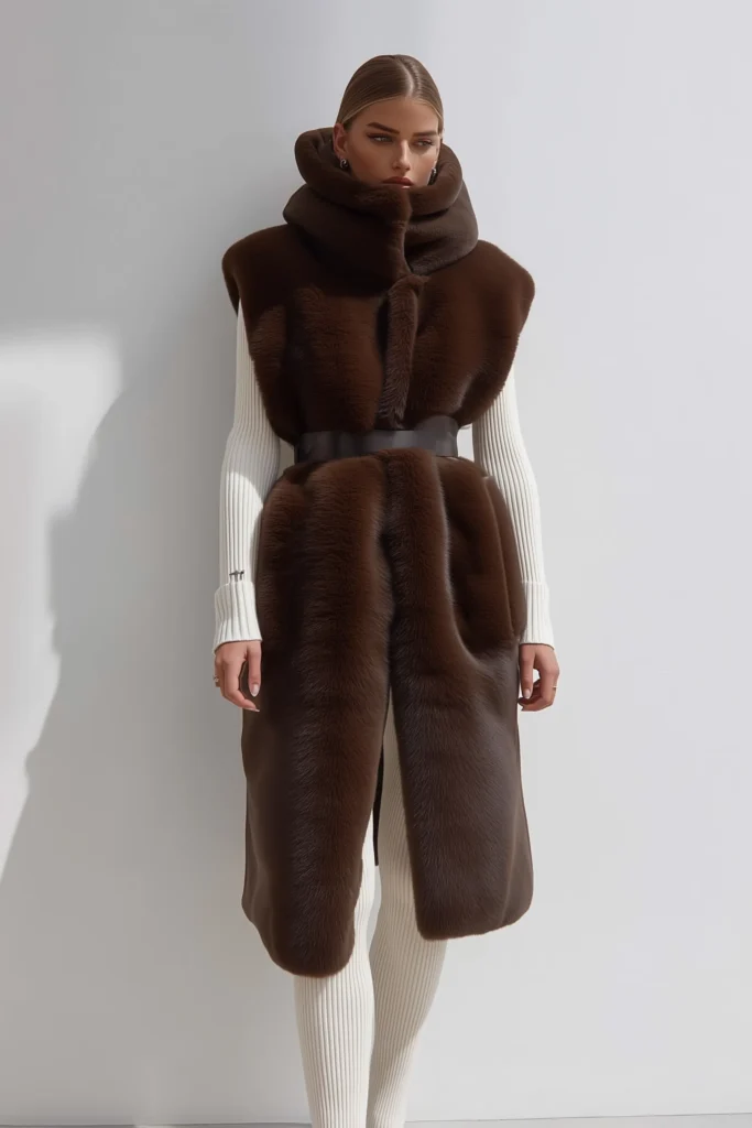Winter casual outfits brown faux fur coat with cream ribbed turtleneck and leggings. Wide leather belt cinches the waist creating a relaxed look perfect for everyday cold weather styling.