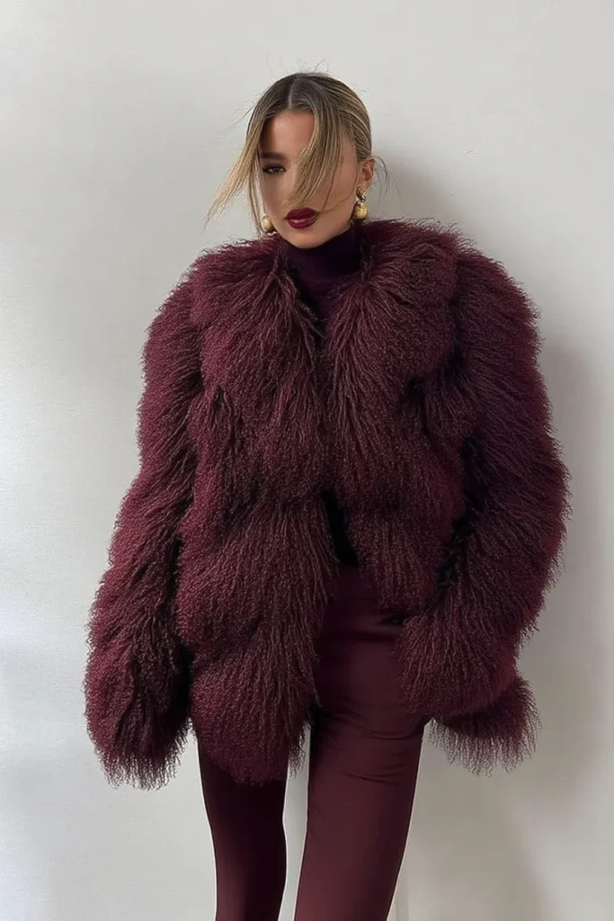 Winter outfits cold, luxurious burgundy faux fur coat layered over black turtleneck with matching trousers, accessorized with gold earrings and bold lipstick for cozy seasonal styling
