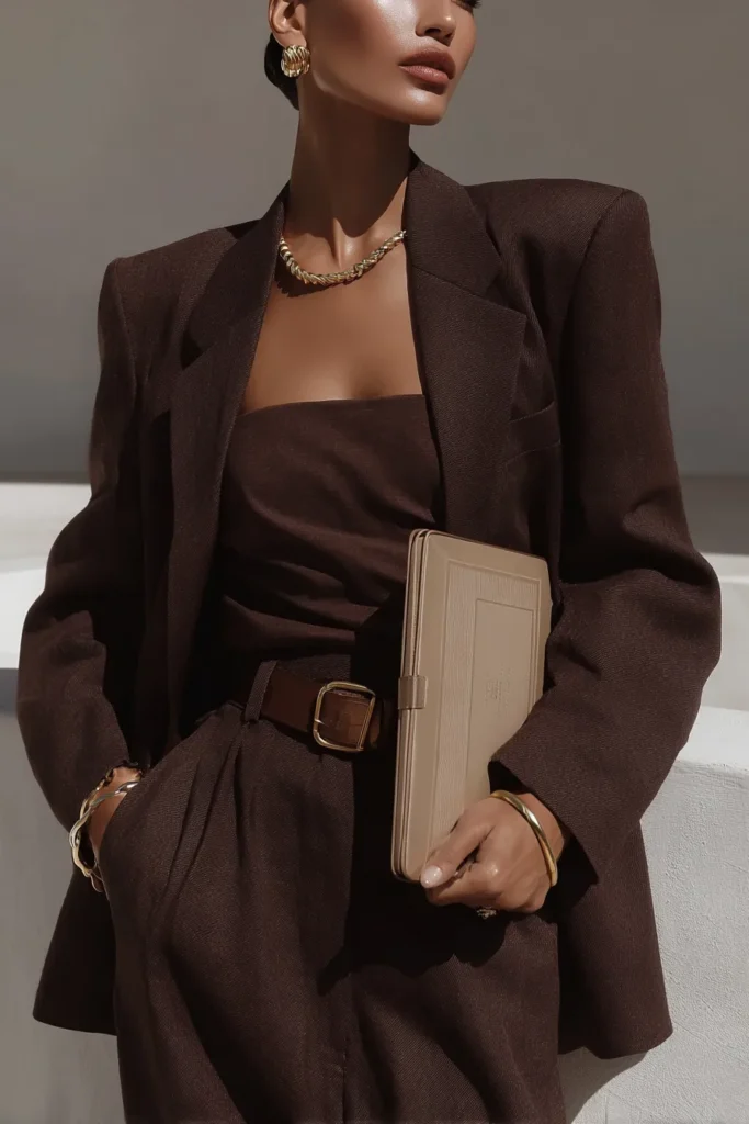 Winter work outfits for women brown blazer with brown corded top and statement gold accessories. Coordinated jewelry creates a cohesive executive-appropriate winter aesthetic.