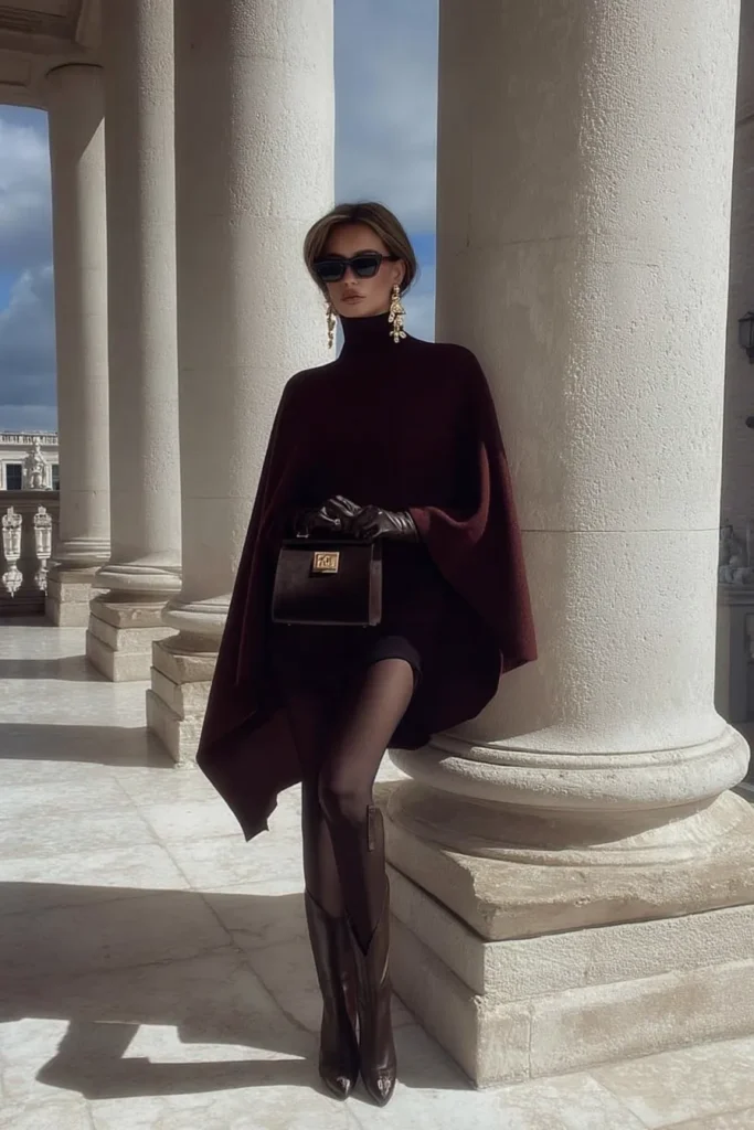 Woman wearing a burgundy cape with black boots and gold accessories, standing by stone columns, showcasing elegant and classy winter outfits in rich burgundy tones.