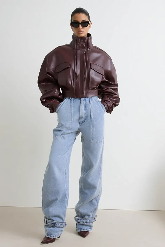 casual winter outfits, burgundy oversized leather jacket with pockets paired with light denim jeans and matching belt. Black sunglasses add contemporary edge to this relaxed cold weather look.