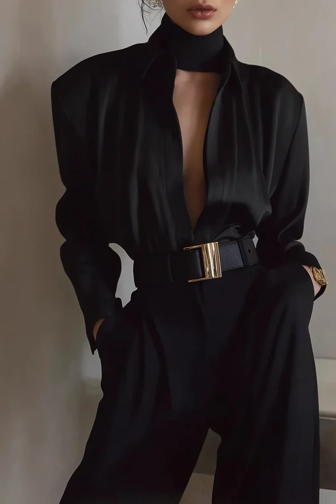 classy fall outfits, all-black outfit, satin silk shirt, black leather waist belt with gold hardware,  sleek tailored pants and gold accessories for timeless autumn outfit inspiration
