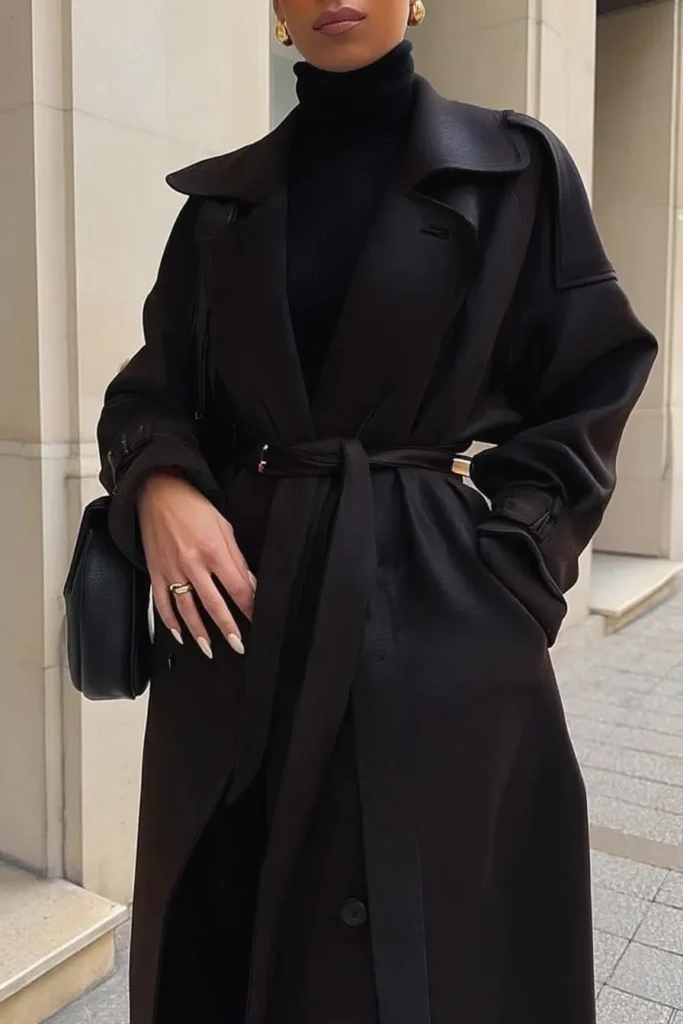 fall winter outfits, tailored black trench coat with button details and tie waist worn over textured ribbed turtleneck, gold ring accessories for timeless seasonal outfit inspiration