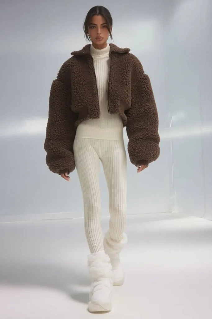 winter fashion outfits casual, mocha brown teddy jacket  styled with cream ribbed knit separates and  shearling boots. This cozy monochrome look is comfortable seasonal fashion.
