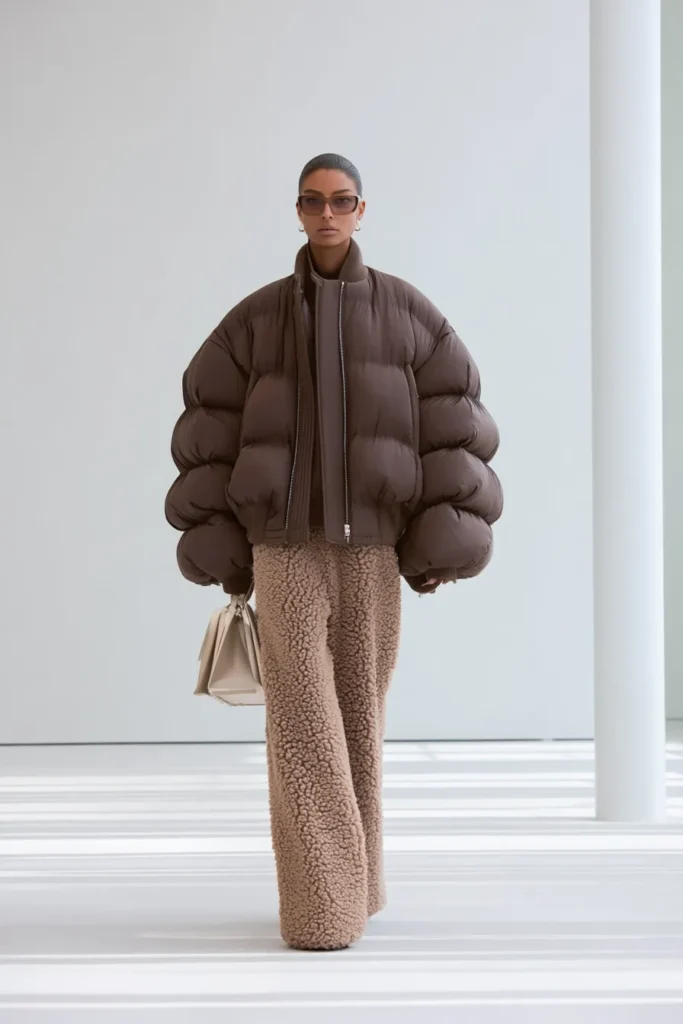 winter outfits cold season, brown quilted jacket with tonal sweater and tan shearling trousers. Designer sunglasses add edge to this luxurious layered look.
