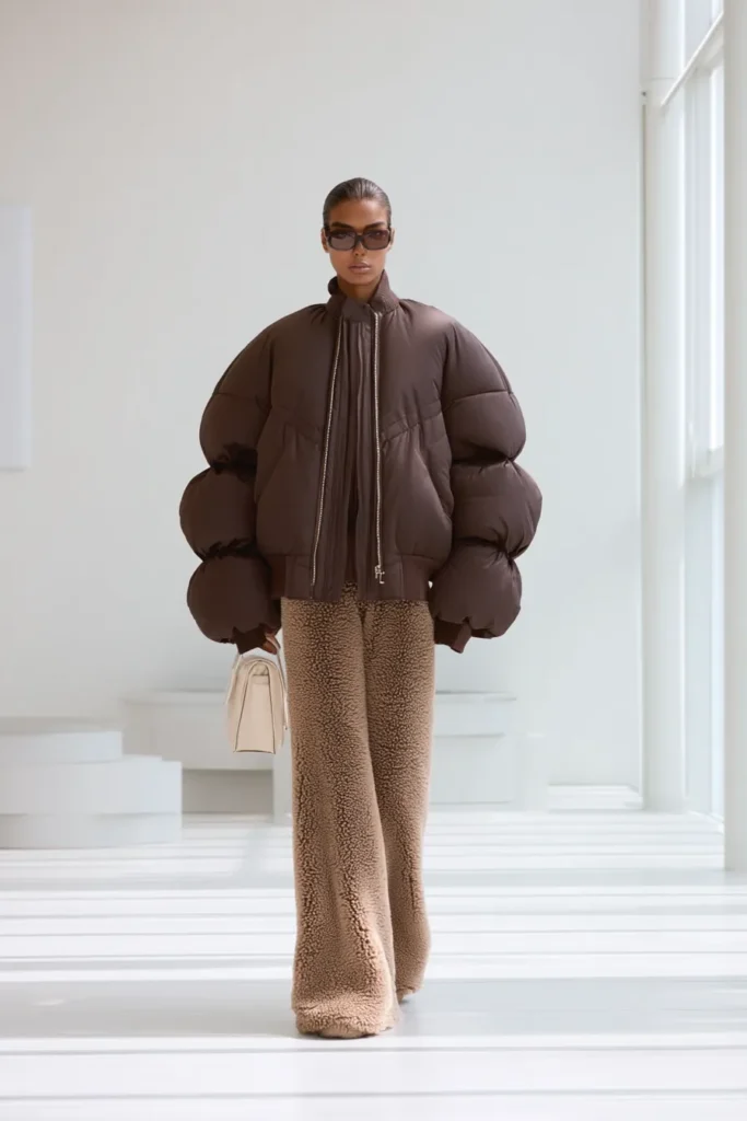 winter outfits cold weather, brown oversized puffer jacket with matching ribbed turtleneck and teddy pants. Beige handbag and sunglasses complete this warm monochromatic ensemble.