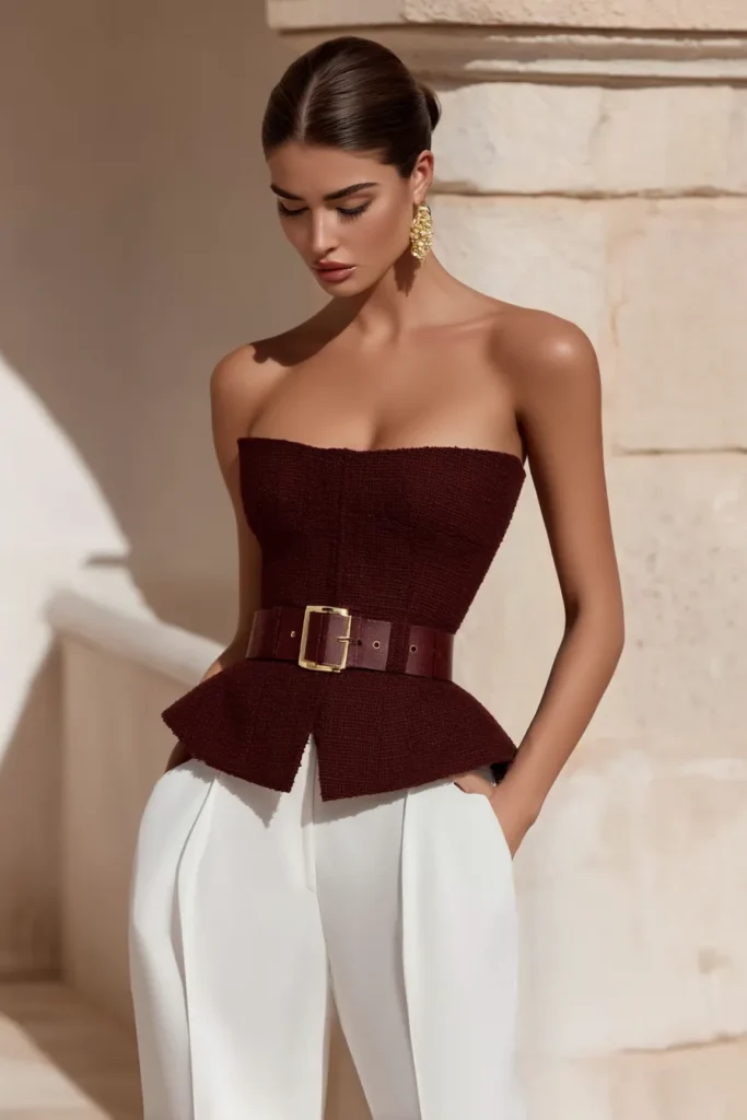 Chic Christmas dinner outfit classy, burgundy textured bustier with peplum hem and gold buckle belt styled over ivory pants. Statement jewelry adds luxe finishing to this holiday look.