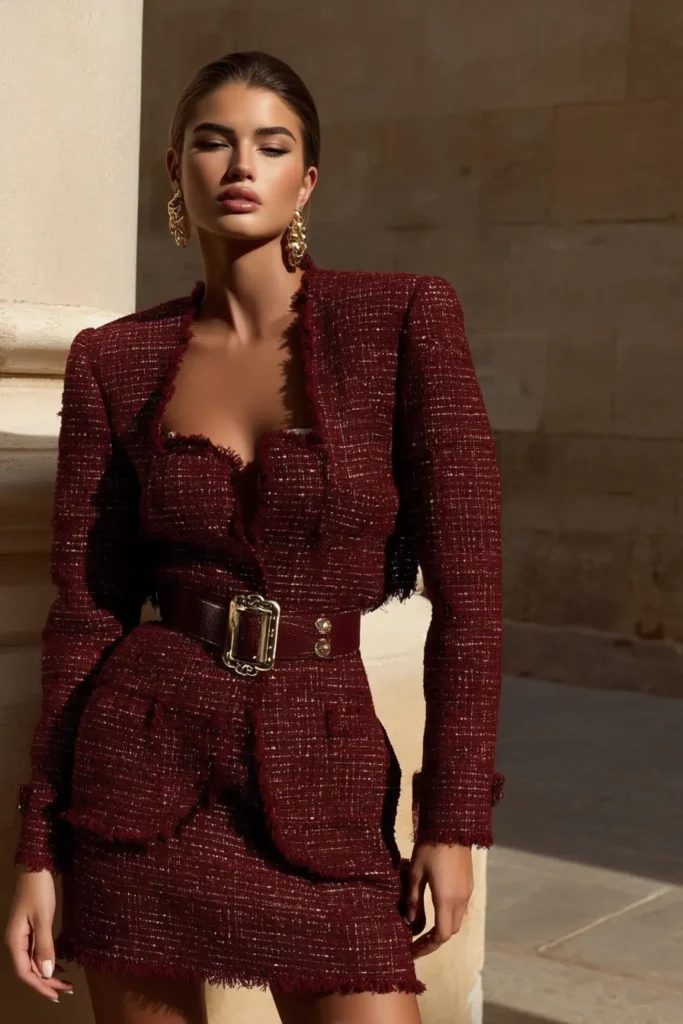 Chic Christmas dinner outfit showcasing burgundy three-piece suit with textured blazer, top, and skirt styled with gold accessories. Metallic threading adds luxe shimmer to this holiday look.