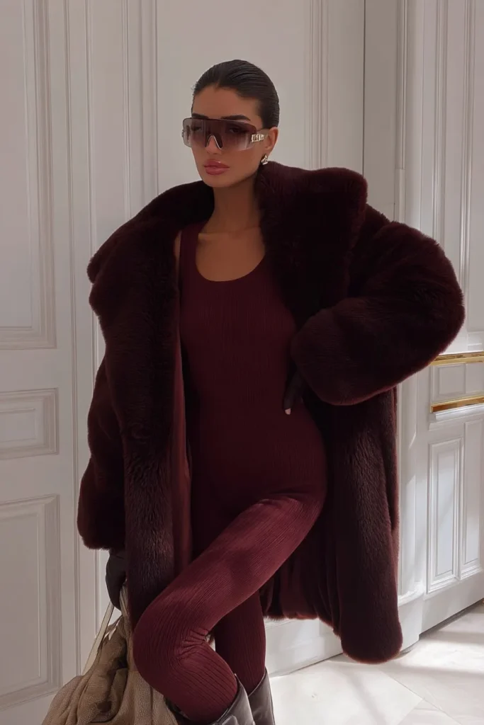 Chic Christmas market outfit, deep burgundy plush fur jacket styled over matching wine-colored fitted dress. Sunglasses add sophisticated finishing touch to this elegant holiday look