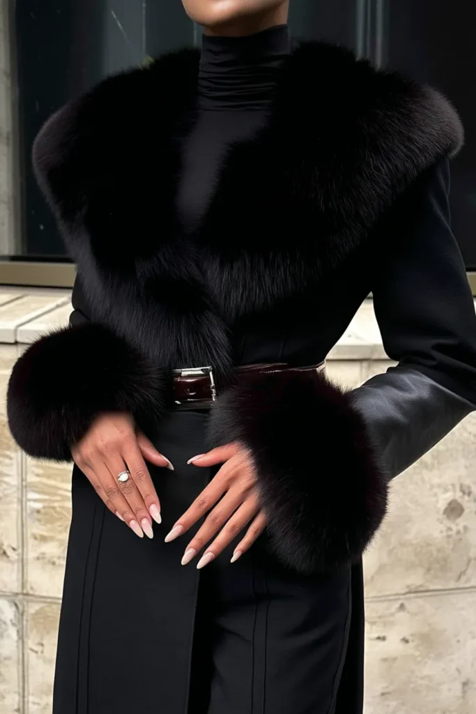 Chic winter fashion outfits, black jacket with fur styled over turtleneck and trousers. Minimal jewelry completes this refined monochrome ensemble ideal for upscale seasonal events.