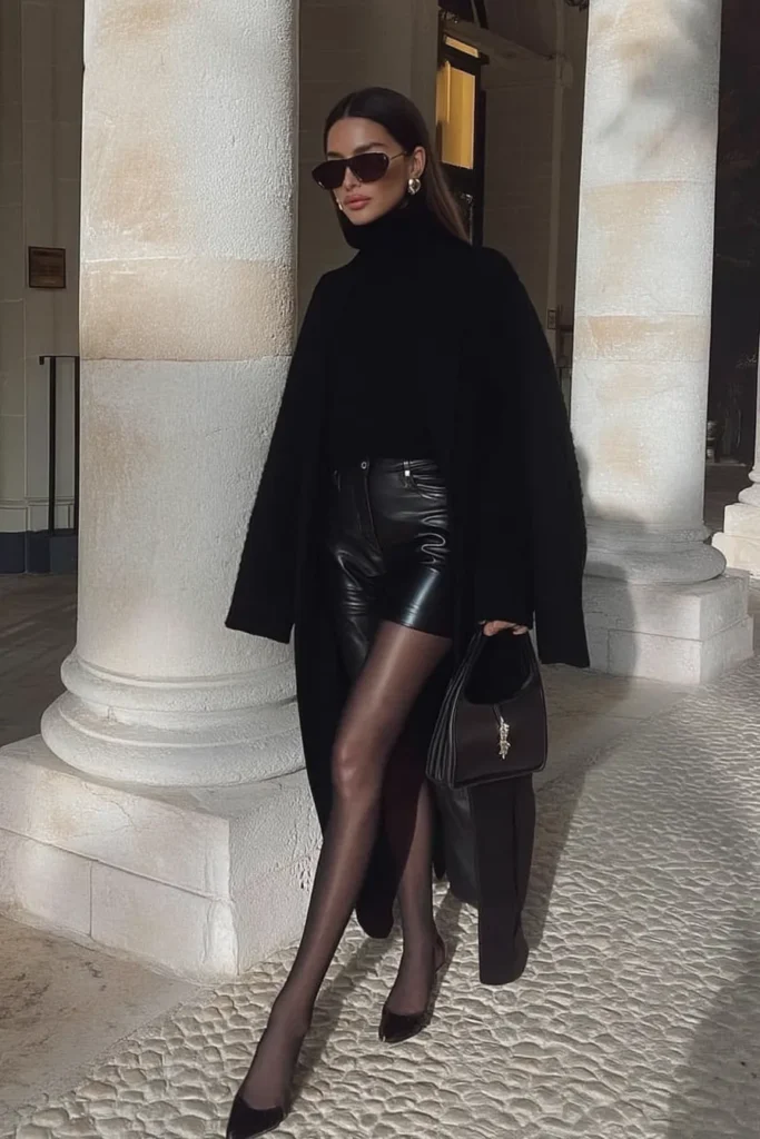 Chic winter outfits aesthetic, black knit turtleneck with sleeves styled over sleek leather shorts and tights. Black bag and stiletto heels add luxe finishing to this monochromatic look.