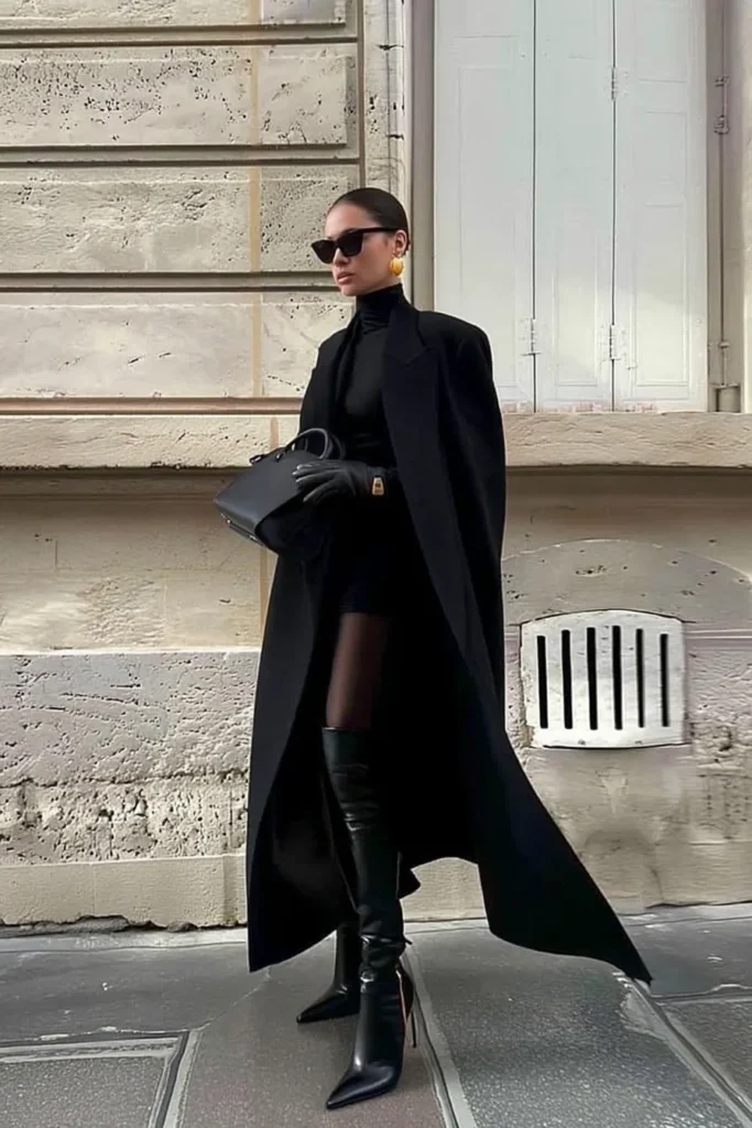 Classic chic winter outfits, black coat styled with fitted turtleneck, tights, and leather boots. Designer sunglasses complete this effortlessly elegant all-black winter ensemble.