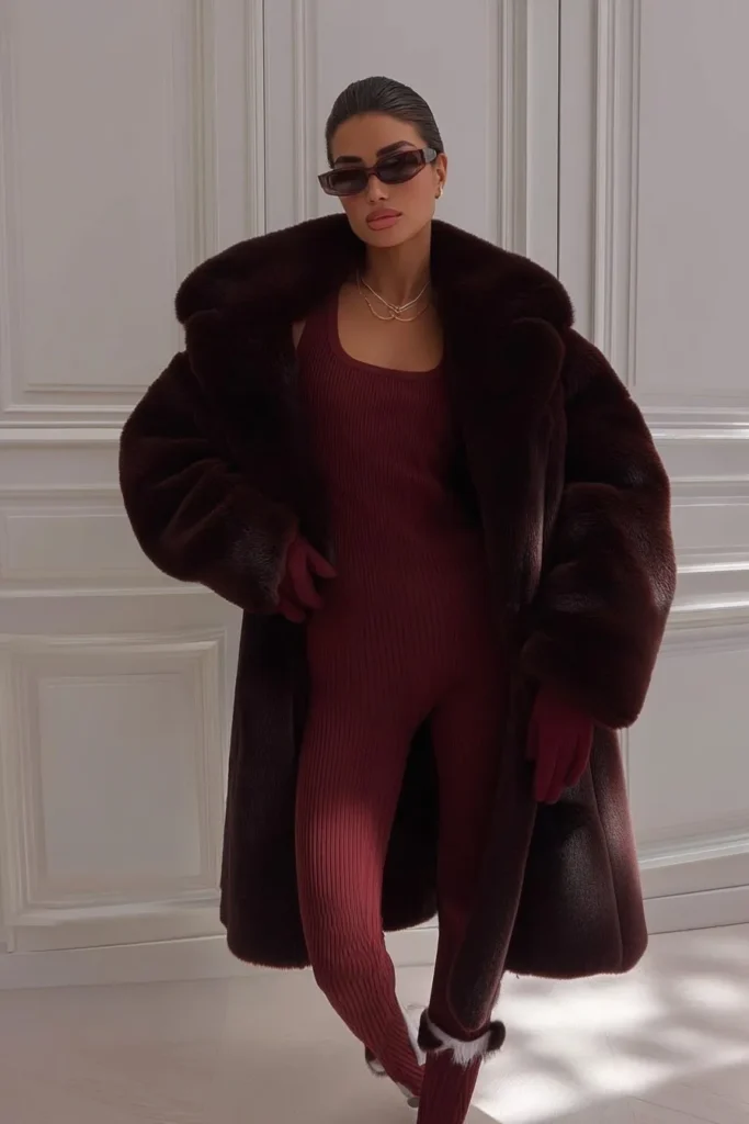 Elegant Christmas market outfit, burgundy fur coat with burgundy ribbed knit dress and leather gloves. This luxe monochromatic ensemble creates perfect festive season style.