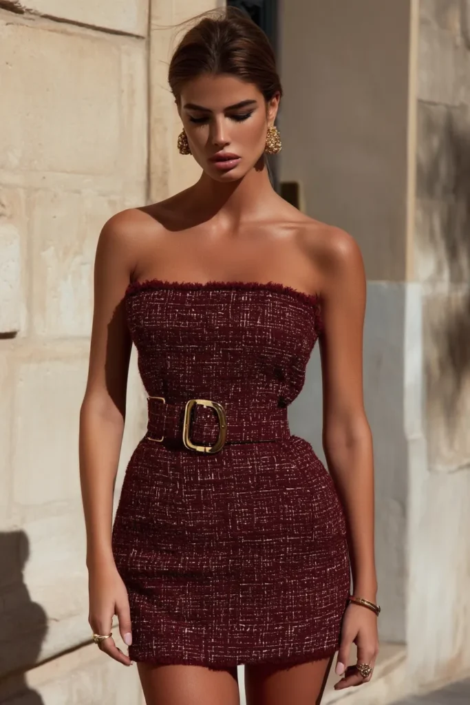 Elegant Christmas party outfit, burgundy bouclé dress with metallic threading and oversized gold buckle belt. Gold jewelry and bangles complete this luxe holiday celebration look.