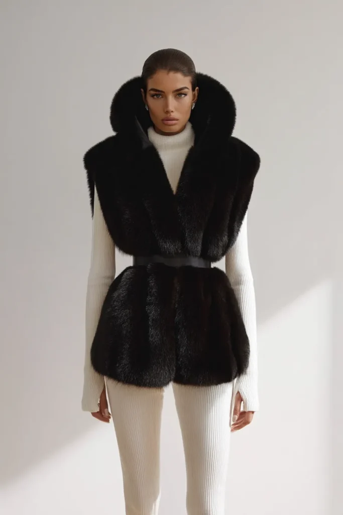 Elegant casual winter outfits, black fur gilet with collar styled over beige ribbed knit ensemble. This sophisticated layered look exemplifies cozy luxury for everyday winter wear.