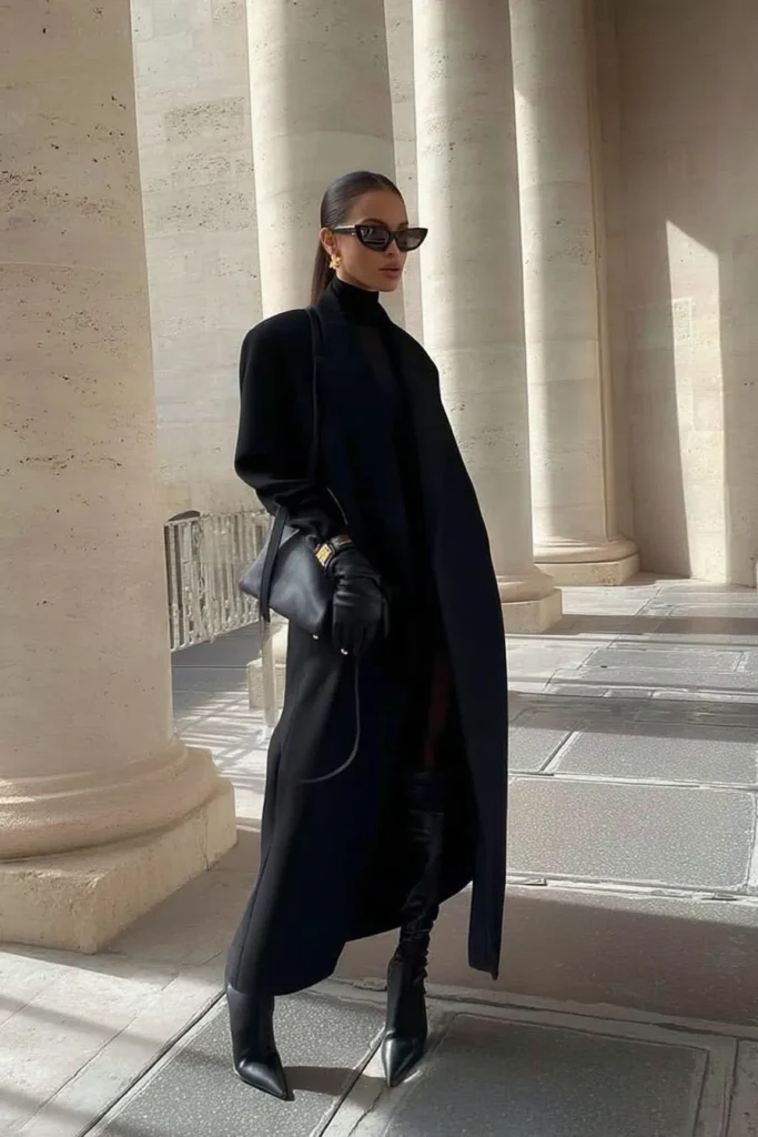 Elegant chic winter outfits, black minimalist coat with turtleneck, tights, and patent boots. Black handbag and designer sunglasses elevate this polished monochrome aesthetic.
