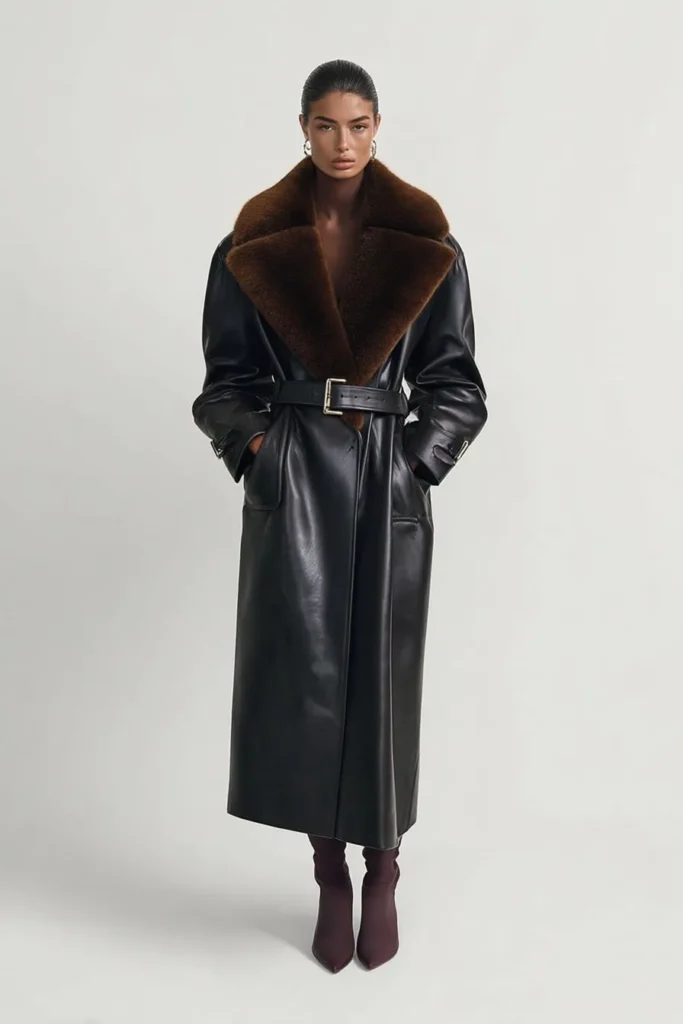Elegant winter outfits women, sleek black faux leather coat with  fur collar and belted silhouette styled over  burgundy boots. Cold weather statement look.