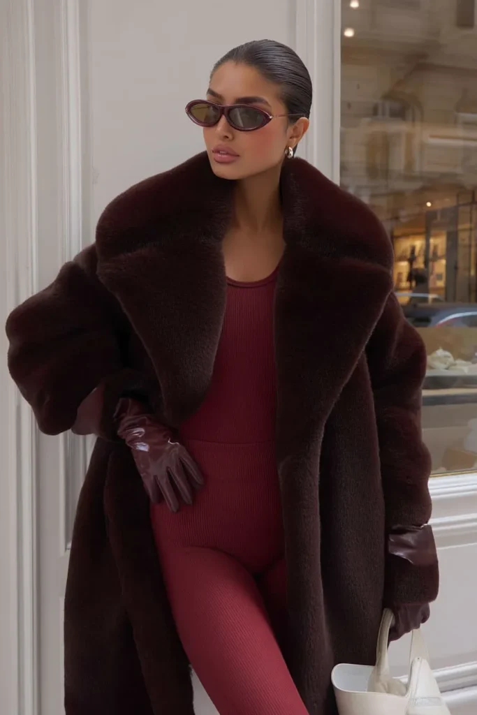 Glamorous Christmas market outfit, burgundy faux fur coat with voluminous silhouette with bodycon dress and black accessories. Gold jewelry elevates this opulent cold weather holiday outfit