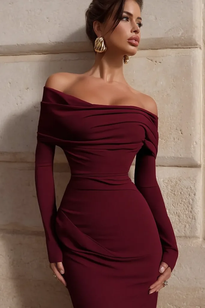 Glamorous Christmas party outfit, burgundy fitted dress with off-shoulder design and elegant draping with gold earrings. This luxe monochromatic look exemplifies festive sophistication.