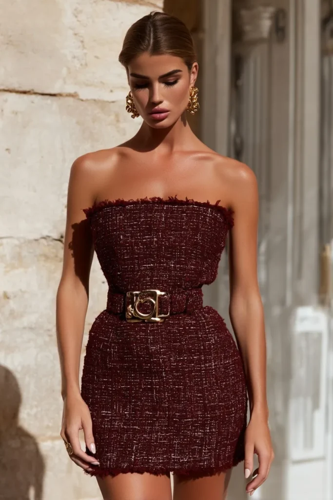 Glamorous Christmas party outfit, burgundy textured strapless dress with fitted silhouette and gold waist detail with statement earrings. This outfit is festive sophistication.