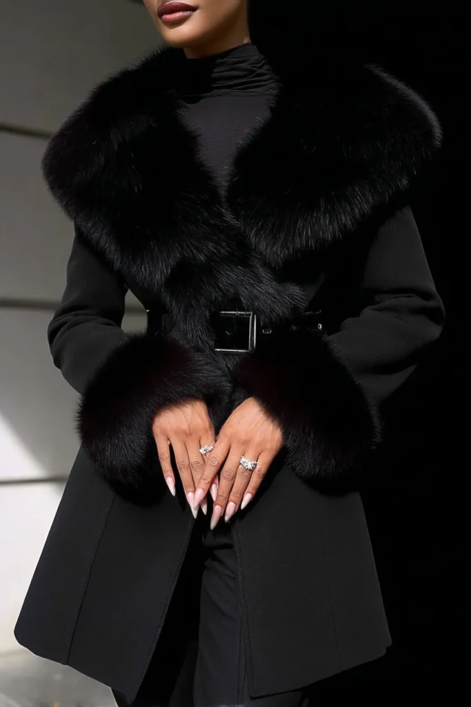 Glamorous winter fashion outfits black coat with plush fur collar and cuff details styled with turtleneck and trousers with belt. This sophisticated black outfit is perfect for winter occasions.