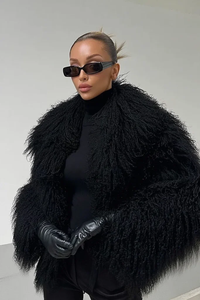 Glamorous winter outfits cold season,  black textured fur jacket with fitted black turtleneck and matching accessories. Luxurious all-black look ideal for colder winter conditions.