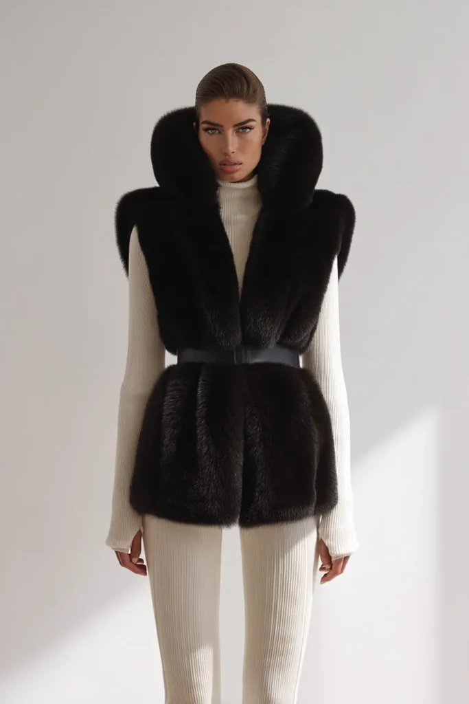 Luxe casual winter outfits, black faux fur waist coat with hood and belted waist, with cream ribbed turtleneck and knit pants. This cozy monochromatic outfit is comfort with sophisticated style.