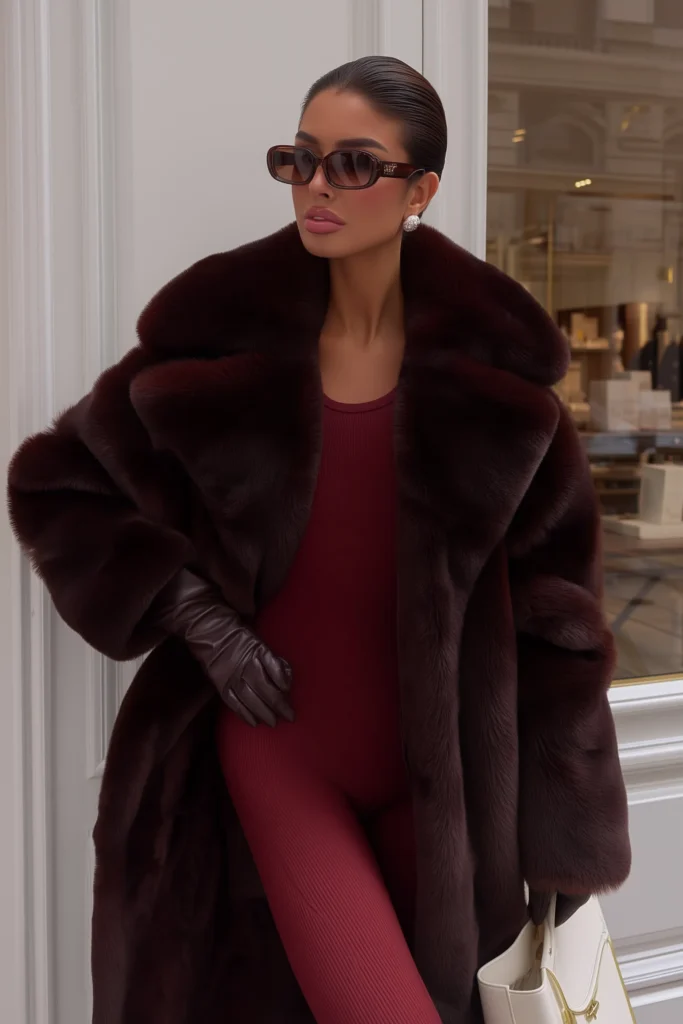 Luxurious Christmas market outfit, rich burgundy faux fur coat with oversized with ribbed dress and black leather gloves. Sunglasses and gold pearl earrings complete this glamorous festive ensemble