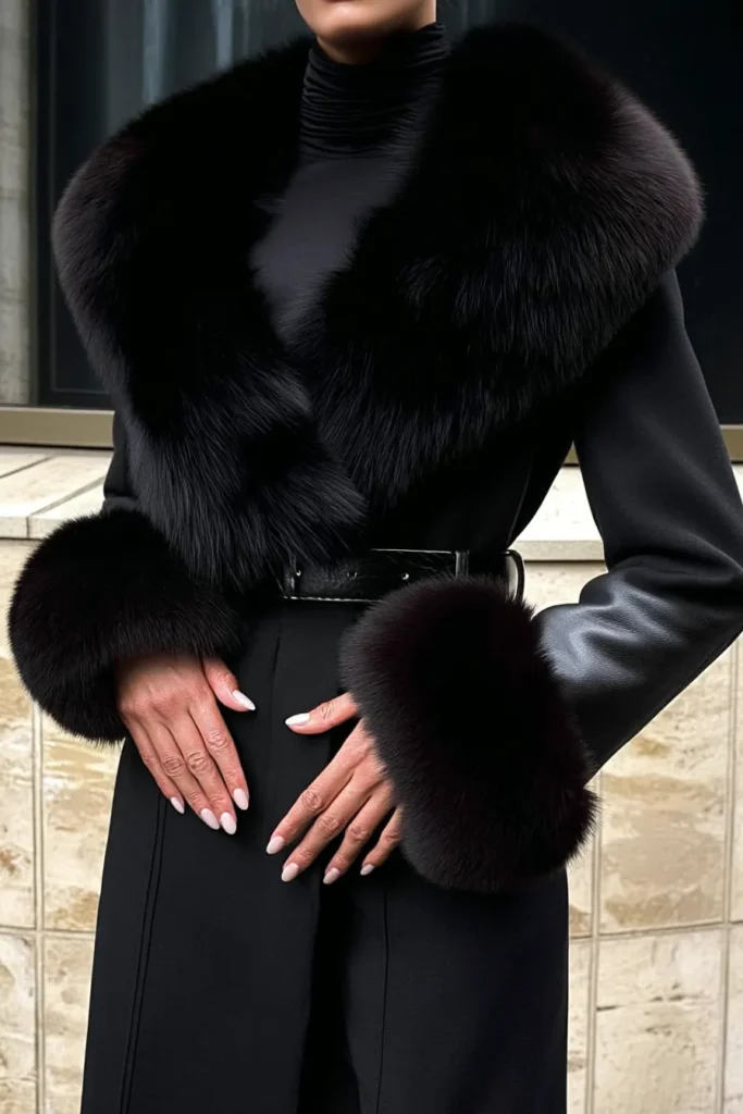 Luxurious winter fashion outfits, black outfit with faux fur trim jacket, fitted turtleneck bodysuit, and trousers. Silver ring adds elegance to this opulent monochromatic cold weather look.