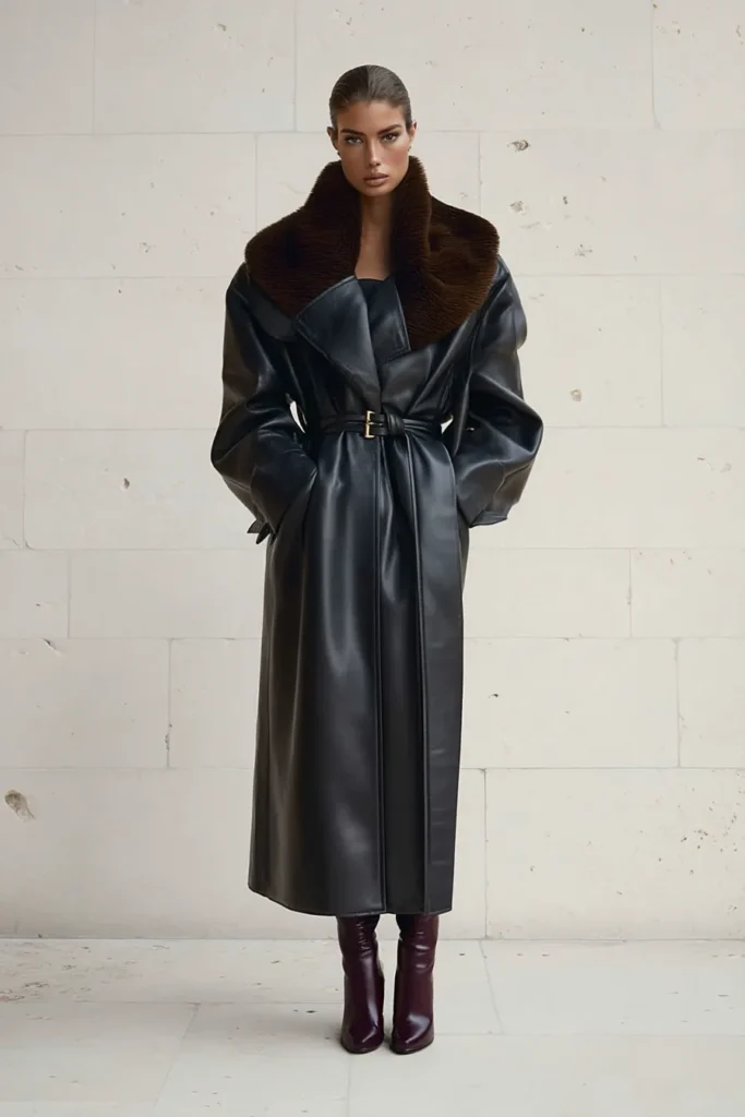Luxurious winter outfits women, black leather trench coat with  brown fur collar and burgundy knee-high boots. This sophisticated monochromatic outfit combines warmth with high-fashion elegance.