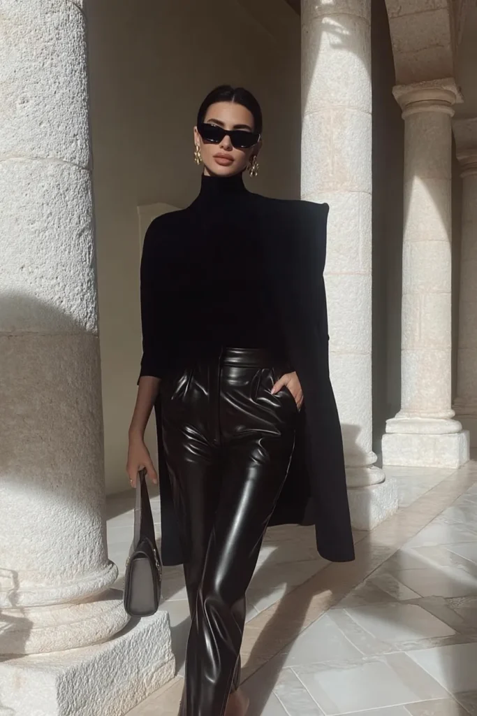 Sophisticated classy winter outfits, with oversized turtleneck sweater and high-waisted faux leather trousers. Sunglasses and black handbag complete this elegant monochromatic look.