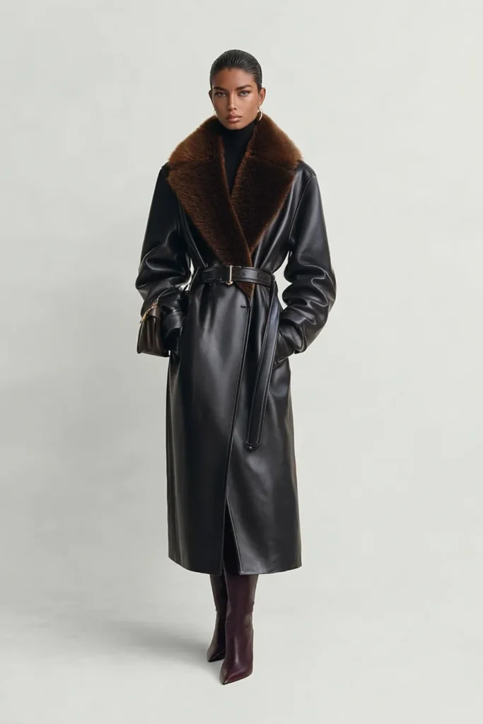 Sophisticated winter outfits women, black belted leather coat with statement fur collar styled with tall burgundy boots. Clean lines and rich textures elevate this polished seasonal ensemble.