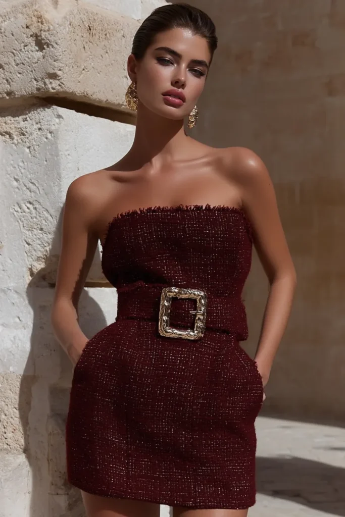 Stylish Christmas party outfit, burgundy tweed mini dress and gold belt styled with gold accessories. This contemporary look balances elegance with chic holiday style.