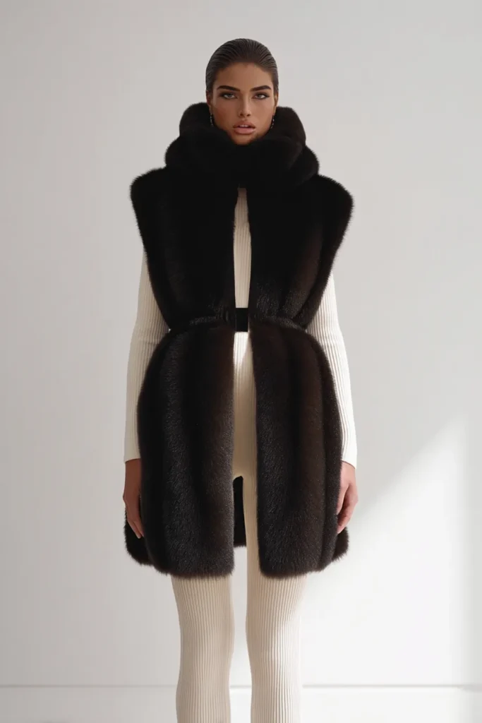 Stylish casual winter outfits, black hooded fur vest with luxurious texture with ribbed knitwear set. This layered outfit combines warmth with effortless contemporary fashion.