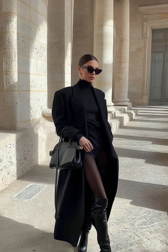 Timeless chic winter outfits, black tailored coat styled over turtleneck, tights, and tall boots. Gold pearl earrings add luxe accent to this refined all-black ensemble.