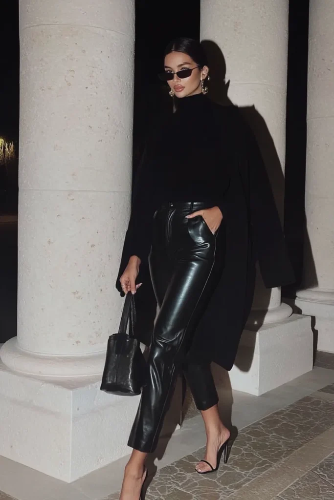 Timeless classy winter outfits, oversized black turtleneck sweater with black leather trousers and gold jewelry. Dark sunglasses elevate this monochrome outfit perfect for cold weather styling.