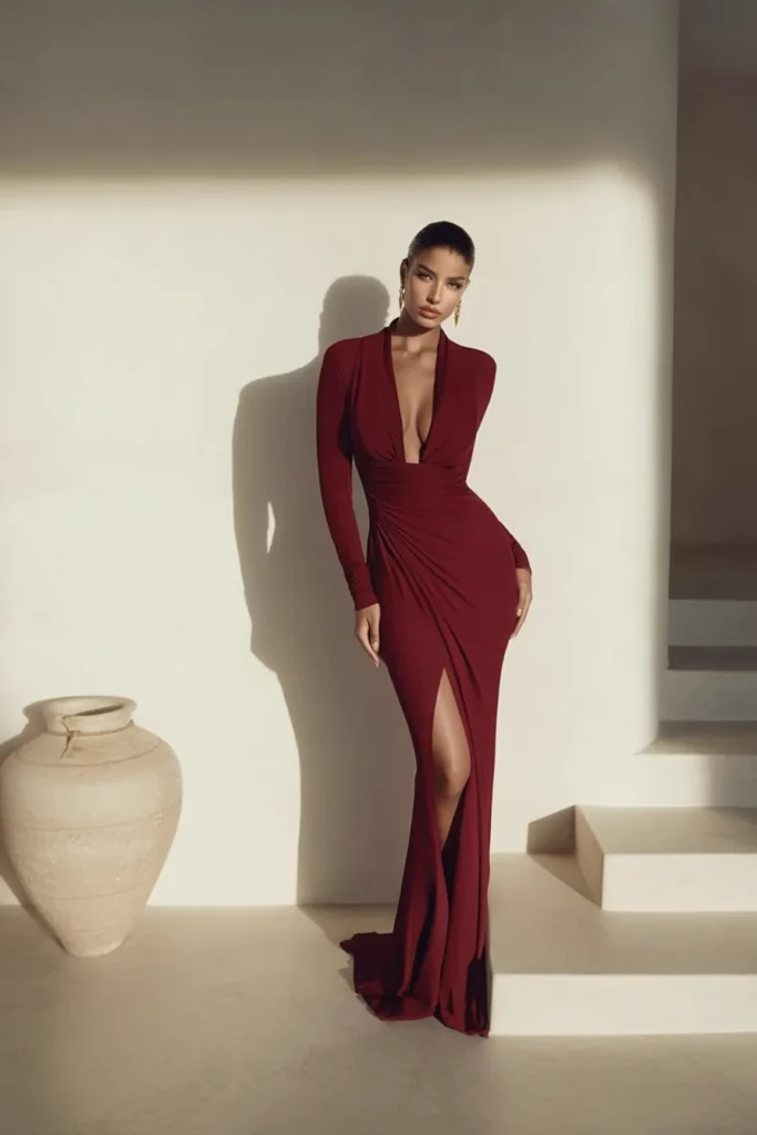 Chic valentines day outfits night, red gown with ruched twist detail and statement slit, with strappy heels and gold earrings. This figure-hugging outfit balances elegance with stylish appeal.