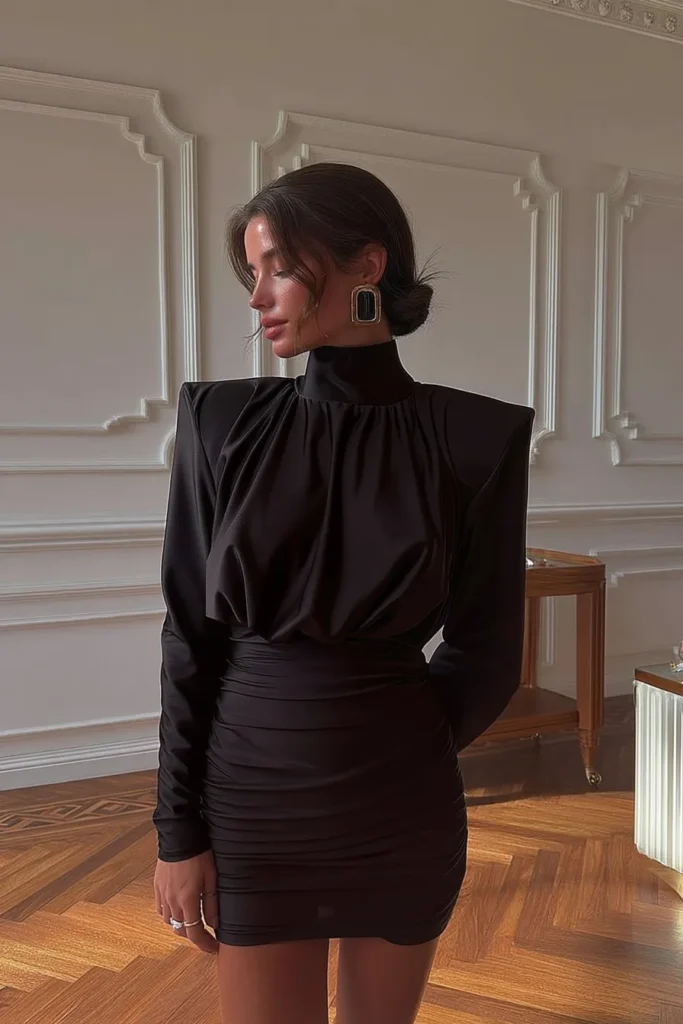 Glamorous valentines day outfits for women dresses, black bodycon dress with high neck and shoulder pads with statement accessories. 