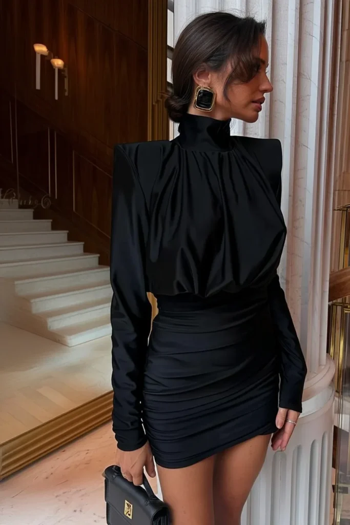 Sophisticated valentines day outfits for women dresses, black mini dress with structured shoulders and ruched design with gold jewelry. Classic styling elevates this refined celebration outfit.