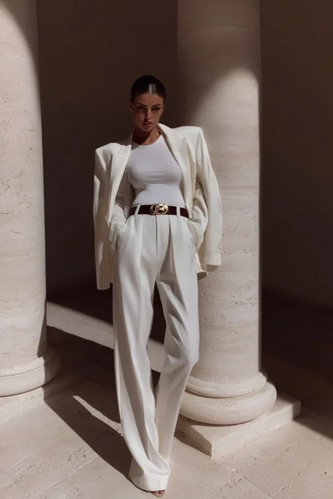 Chic elegant white spring outfits combining relaxed fit white blazer and matching wide-leg trousers with cropped white top, cinched with designer brown belt for timeless monochrome aesthetic
