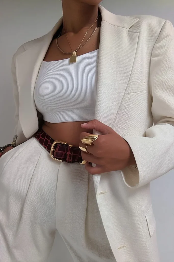 Chic elegant white spring outfits, structured blazer with white ribbed crop top and high-waisted pleated trousers, accessorized with tortoise shell belt and delicate gold necklace